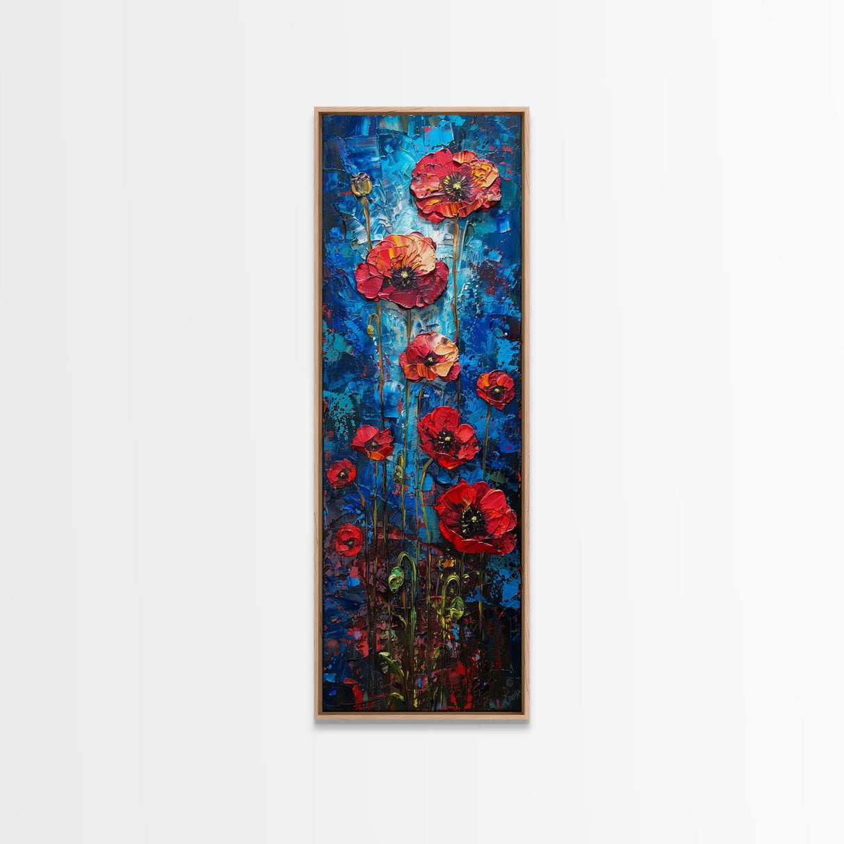Red Poppies on Textured Blue Canvas as Tall Skinny Art Framed Canvas Print Perfect for Bold Wall Decor in Modern Spaces