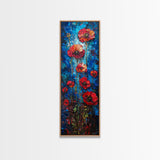 Red Poppies on Textured Blue Canvas as Tall Skinny Art Framed Canvas Print Perfect for Bold Wall Decor in Modern Spaces