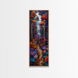 Fantasy Forest Pathway with Giant Mushrooms as Tall Skinny Art Framed Canvas Print for Whimsical Wall Decor in Unique Spaces