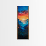 Sunset Over The Mountain Valley Framed Canvas Print - Colorful Wall Art - Midcentury Modern Style Art - Modern Decor - Abstract Landscape Painting - Tall Art
