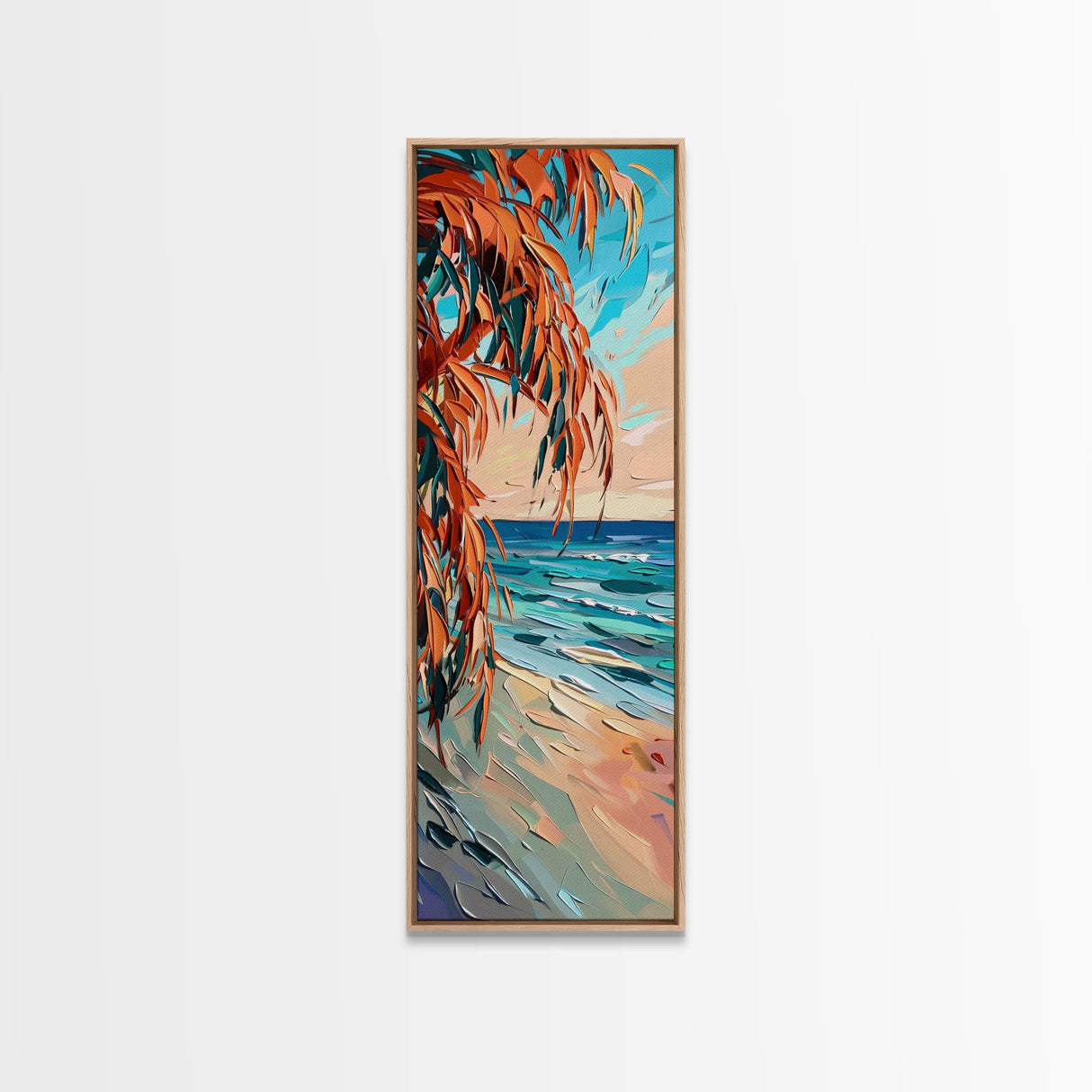 Expressive Coastal Shoreline Landscape in Blue and Orange, Abstract Painting on Framed Canvas Print, Perfect for Beach-Themed Wall Art