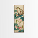 Frogs On Lily Pads Canvas In Japanese Ukiyo-e Style, Traditional Woodblock Print, Framed Canvas Print, Tall Skinny Japanese Wall Art, Ready To Hang