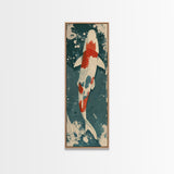 Serene Koi Fish Swimming in Deep Blue Water with Red Accents on Tall Vertical Japanese-Inspired Canvas Print