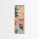 Serene Boat on Water, Autumn Trees, Japanese Art, Skinny Art, Tall Art, Framed Canvas Print, Ukiyo-e Style