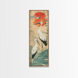 Tall Japanese Cranes Under a Vibrant Red Sun Ukiyo-e Art Skinny Framed Canvas Print Traditional Japanese Nature Scene