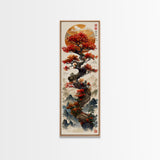 Majestic Bonsai Tree Under the Golden Sun Skinny Art Ukiyo-e Tall Framed Canvas Print with Mountain Landscape