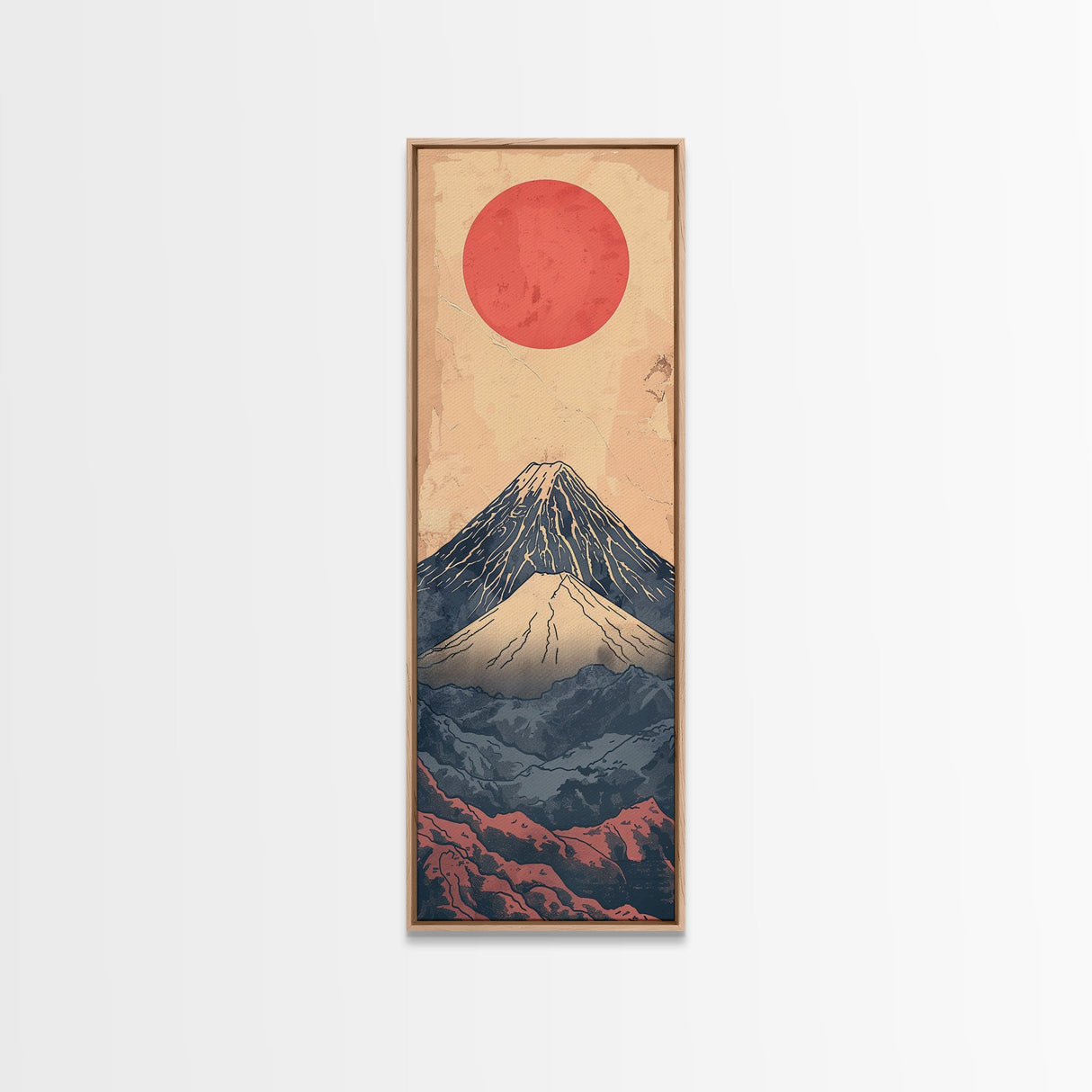 Mount Fuji Under a Red Sun Skinny Art Ukiyo-e Tall Framed Canvas Print Inspired by Japanese Landscape