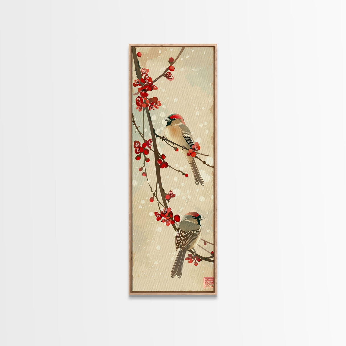 Skinny Art Sparrows And Cherry Blossoms In Japanese Style Wood Block Print Gentle Color Palette On Framed Canvas Print, Tall Art Ukiyo-e