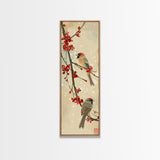 Skinny Art Sparrows And Cherry Blossoms In Japanese Style Wood Block Print Gentle Color Palette On Framed Canvas Print, Tall Art Ukiyo-e