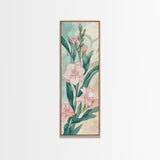 Skinny Art Pink Oleander Flowers In Japanese Style Wood Block Print Elegant Pastel Hues On Framed Canvas Print, Tall Art Ukiyo-e