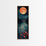 Skinny Art Full Moon Over Lake In Japanese Style Wood Block Print Vibrant Night Scene On Framed Canvas Print, Tall Art Ukiyo-e