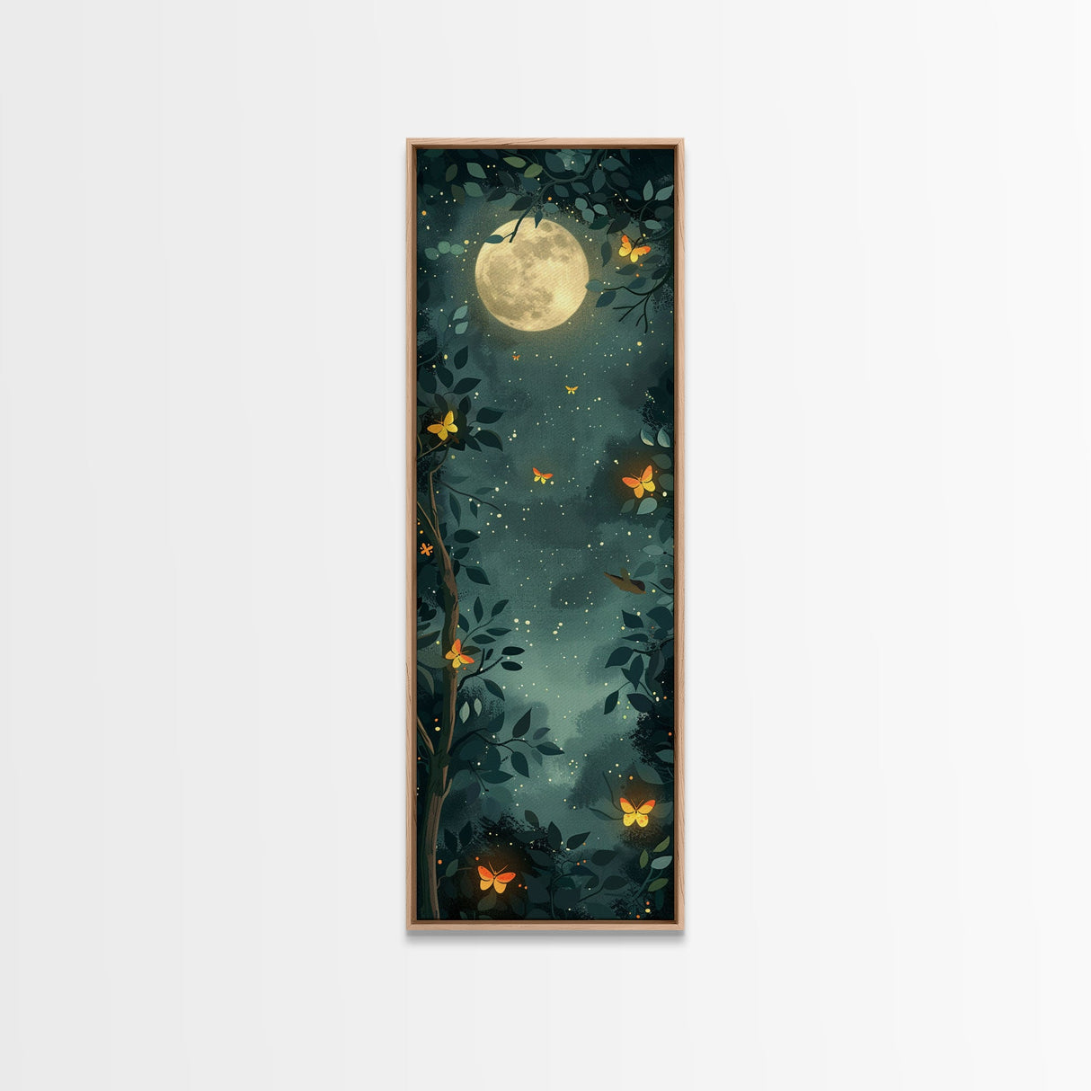 Full Moon And Butterflies In A Night Forest Japanese Style Framed Canvas Print, Wall Art Ready To Hang For Your Home