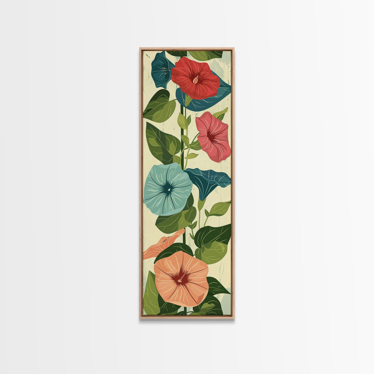 Morning Glory Flowers In Vibrant Red And Blue Shades Tall Art Skinny Art Framed Canvas Print Japanese Style Art Ukiyo-e Wood Block Print