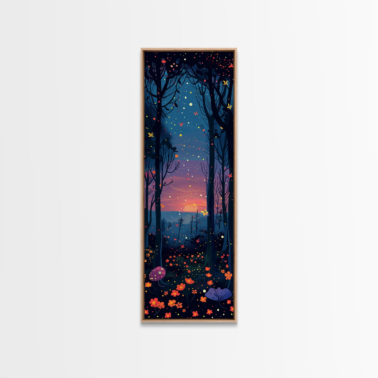Majestic Nightfall Amidst Illuminated Trees Skinny Art Tall Art Framed Canvas Print Japanese Style Art Ukiyo-e Art Wood Block Print Tranquil Decorative