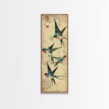 Trio Of Swallows In Flight Against A Vintage Beige Background, Skinny Art Tall Wall Art Framed Canvas Print Japanese Style Art