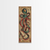 Vintage Canvas Print With Vibrant Octopus Design Ukiyo-e Wall Art Wood Block Print Tall Art Japanese Style Skinny Art