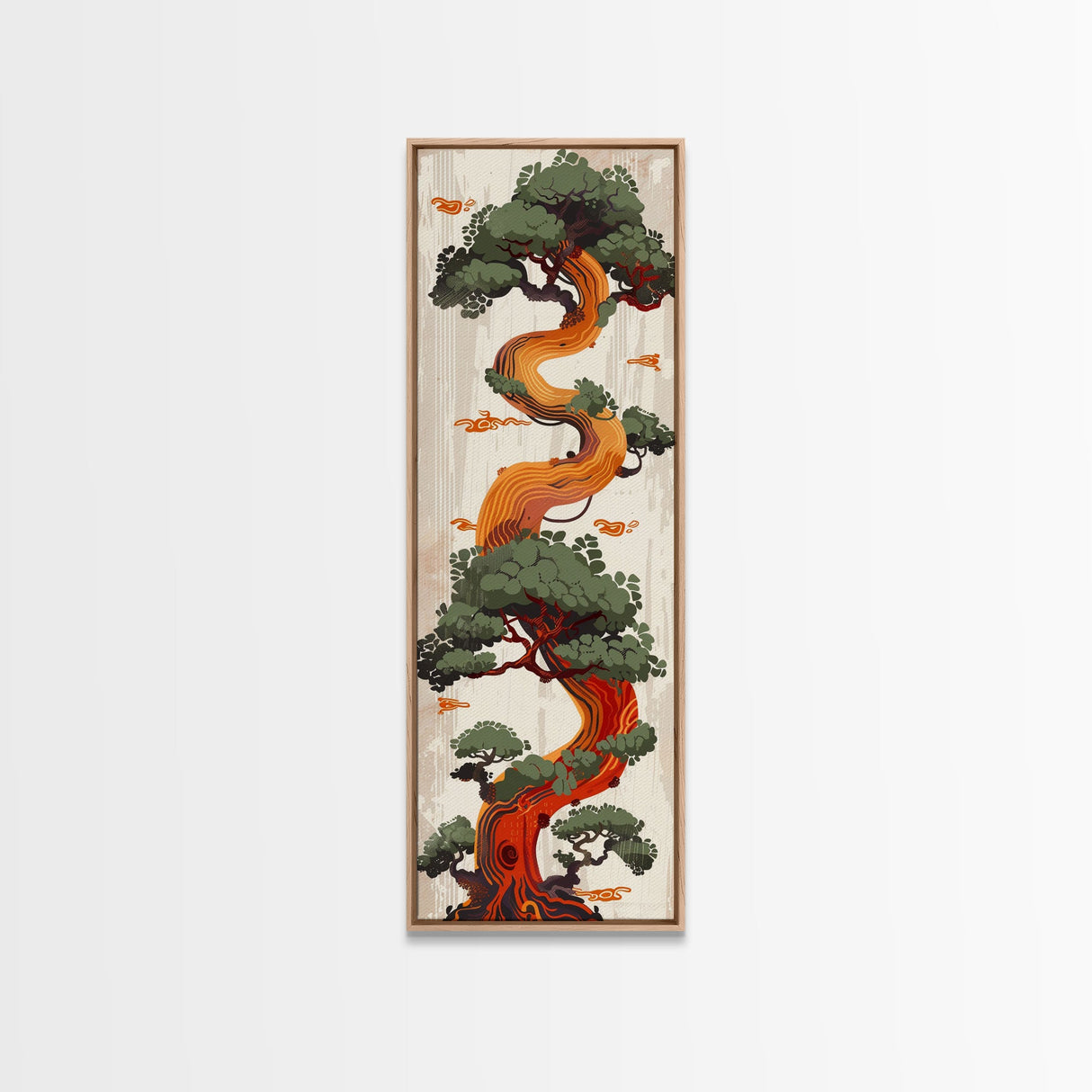 Curved Tree With Green Foliage Ukiyo-e Art Japanese Style Framed Canvas Print Wood Block Print Skinny Art Tall Art