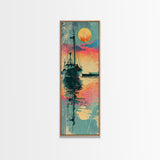Fishing Boat Reflecting in Water with Vibrant Sunset, Japanese Art-Inspired Tall Framed Canvas Print for Wall Art