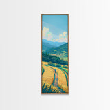 Scenic Countryside Pathway with Fields and Mountains, Skinny Framed Canvas Print for Wall Decor