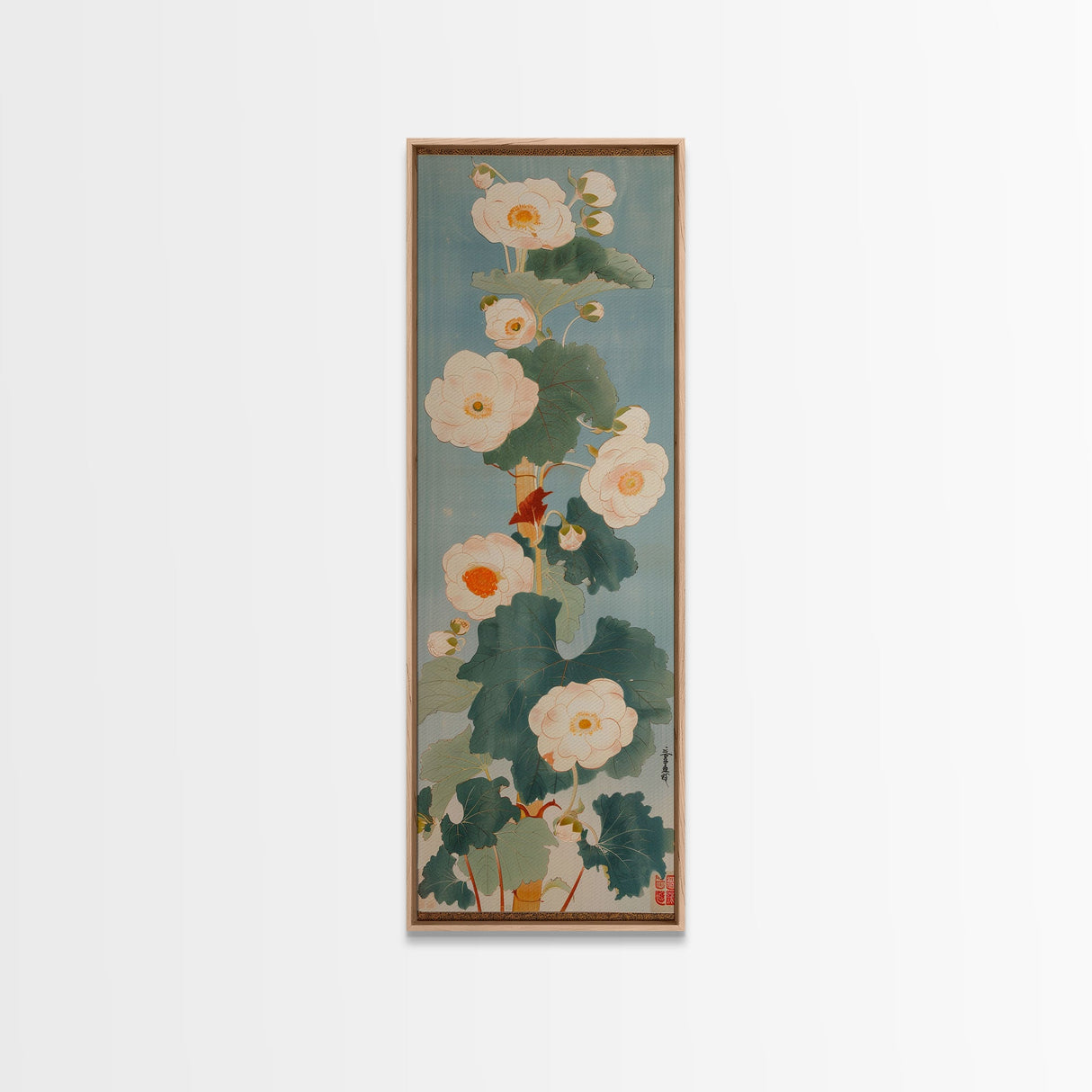 Tall White Blooms with Large Leaves on Blue Background, Framed Canvas Print in Japanese Art Style