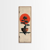 Canvas Print Bonsai Tree Silhouette Against Red Sun, Minimalistic Japanese Style Art For Modern Home, Wall Decoration
