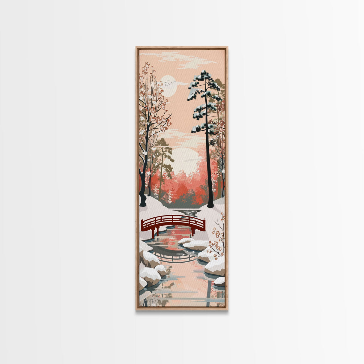 Serene Japanese Winter Landscape Highlighting A Red Bridge Snow-Covered Pines Under A Peaceful Sky Tall Framed Canvas Print Nature Scene