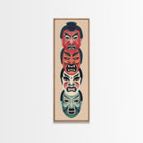 Bold Striking Japanese Kabuki Masks Vibrant Colors Depicted Traditional Style Tall Framed Canvas Print Cultural Home Decor