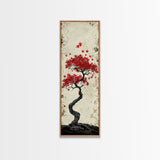 Red Maple Bonsai Tree Japanese Art Skinny Wall Art Framed Canvas Print with Windswept Branches and Red Leaves