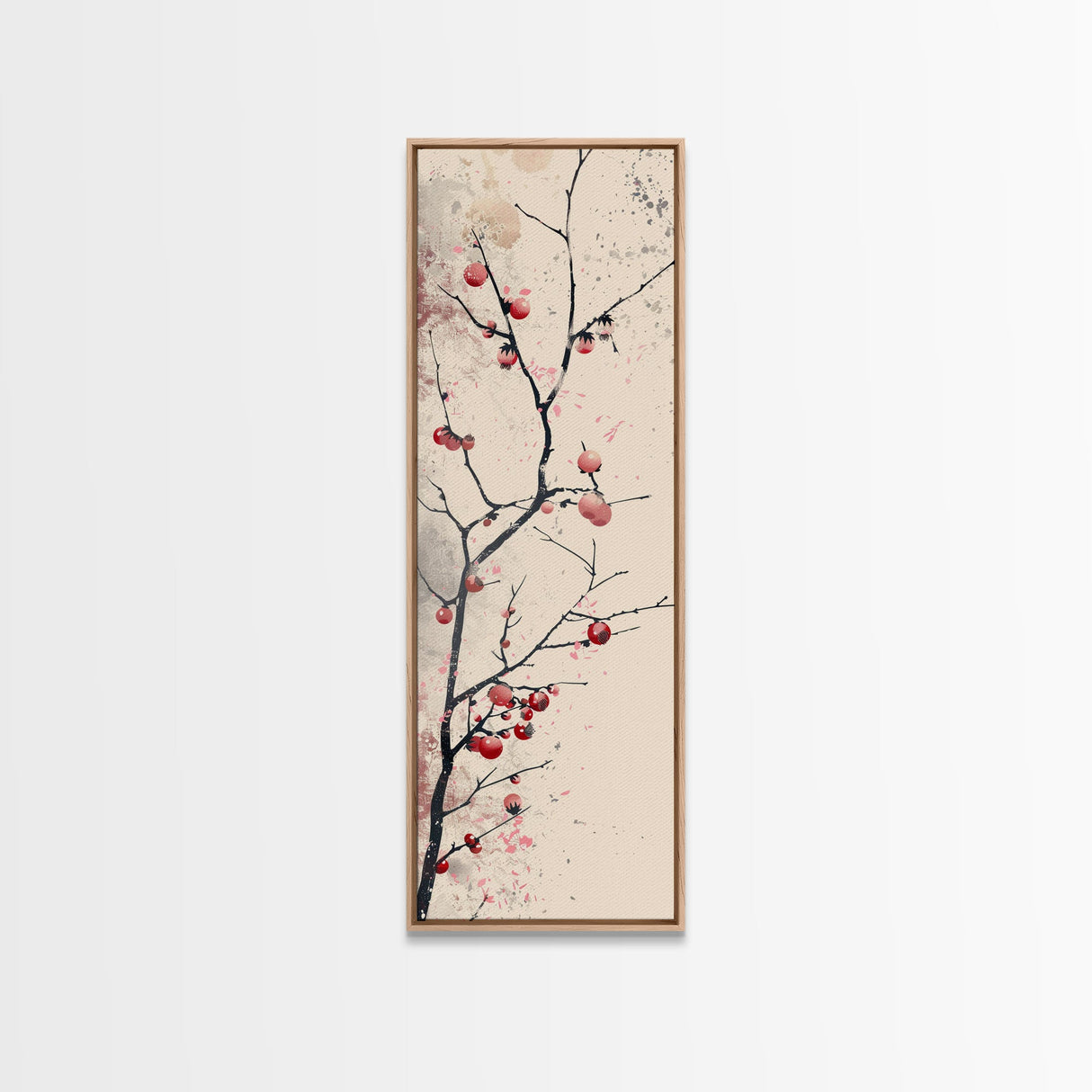 Minimalist Japanese Tree Branch With Red Berries, Ukiyo-e Woodblock Style Canvas, Framed Canvas Print, Japanese Tall Skinny Wall Art, Ready To Hang