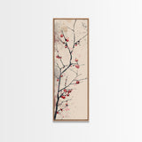 Minimalist Japanese Tree Branch With Red Berries, Ukiyo-e Woodblock Style Canvas, Framed Canvas Print, Japanese Tall Skinny Wall Art, Ready To Hang