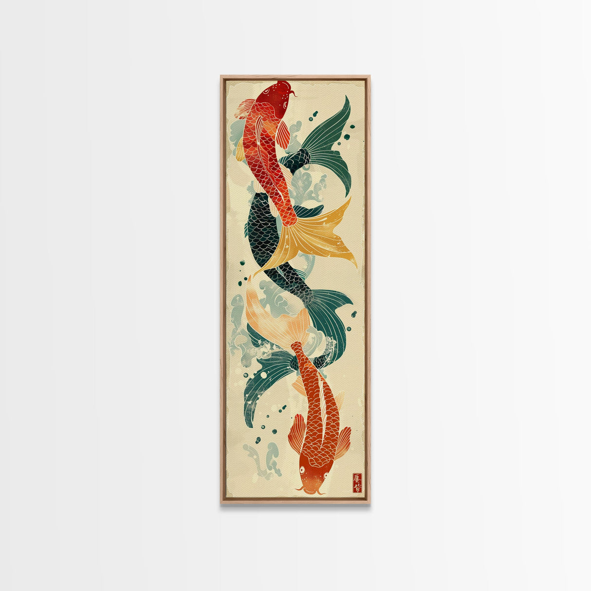 Ukiyo-e Art Of Two Koi Fish Intertwined In A Harmonious Composition, Skinny Art, Tall Art, Japanese Style Art, Wood Block Print, Framed Canvas Print