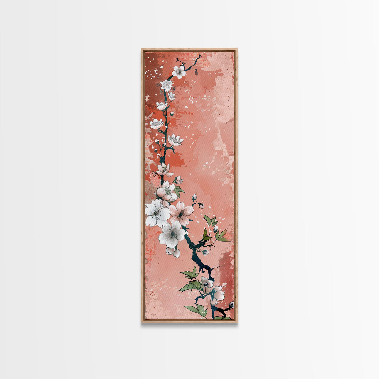 Skinny Art Tall Art Cherry Blossoms Wood Block Print Japanese Style Art With Delicate Branches On Soft Pink Background Framed Canvas Print
