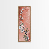 Skinny Art Tall Art Cherry Blossoms Wood Block Print Japanese Style Art With Delicate Branches On Soft Pink Background Framed Canvas Print