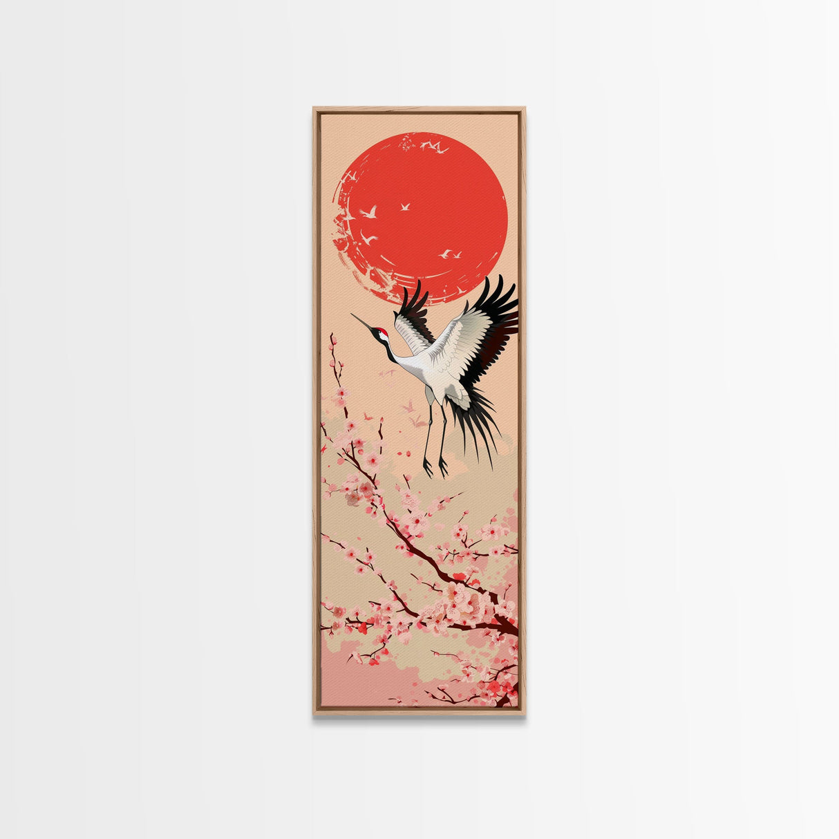Elegant Crane Bird In Mid-flight Against Bold Red Sun Ukiyo-e Tall Skinny Wood Block Framed Canvas Print Japanese Style Art