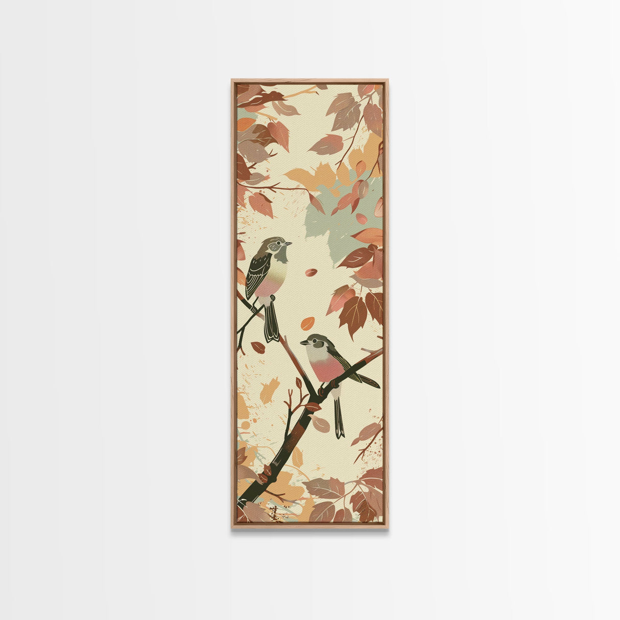 Charming Small Birds On Autumn Branches For Cozy Fall-Themed Wall Art Japanese Style Framed Canvas Print