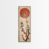Delicate Birds Perched On Blooming Branch With Red Sun For Traditional Japanese Wall Art Decor Ukiyo-e Style Framed Canvas Print