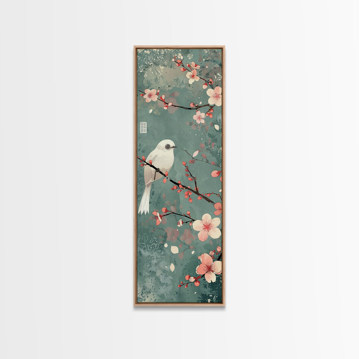 White Bird Perched On A Branch With Blossoms – Framed Canvas Print Combining Skinny Art And Tall Art Inspired By Ukiyo-E Art And Japanese Style Art