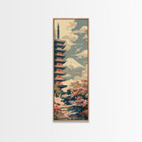 Japanese Pagoda With Mt Fuji And Cherry Blossoms – Framed Canvas Print Featuring Skinny Art Tall Art, Highlighting Ukiyo-E Art And Japanese Style Art