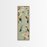 Hummingbirds And Cherry Blossoms In Japanese Style Canvas, Ukiyo-e Inspired Woodblock Art, Framed Canvas Print, Japanese Tall Skinny Wall Art, Ready To Hang