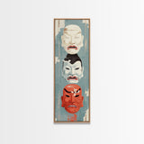Japanese Masks In A Vertical Display - Skinny Art Tall Art Framed Canvas Print Japanese Style Art Ukiyo-e Art