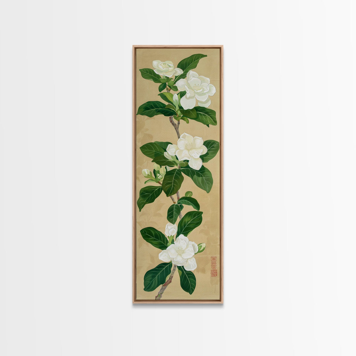 Magnolia Flowers On A Branch - Skinny Art Tall Art Framed Canvas Print Japanese Style Art Ukiyo-e Art