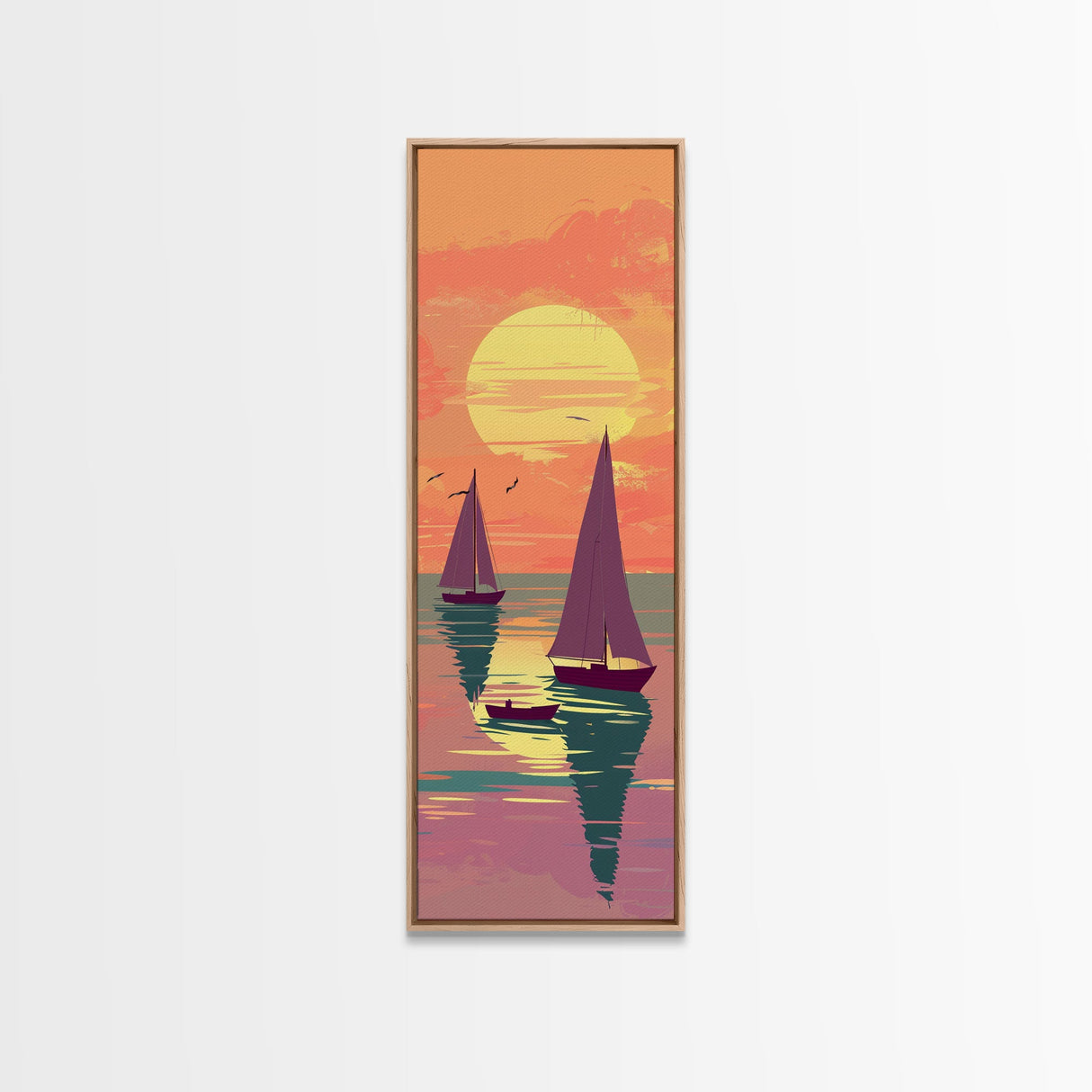 Sailing Boats In The Sunset Over Serene Waters In Japanese Style Ukiyo-e Art Framed Canvas Print Skinny Art Tall Art