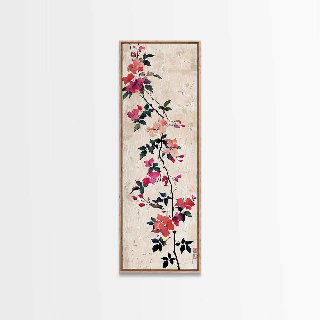 Pink Bougainvillea Vines On White Background Skinny Art Wood Block Print Japanese Style Art Framed Canvas Print Tall Art Ukiyo-e Art