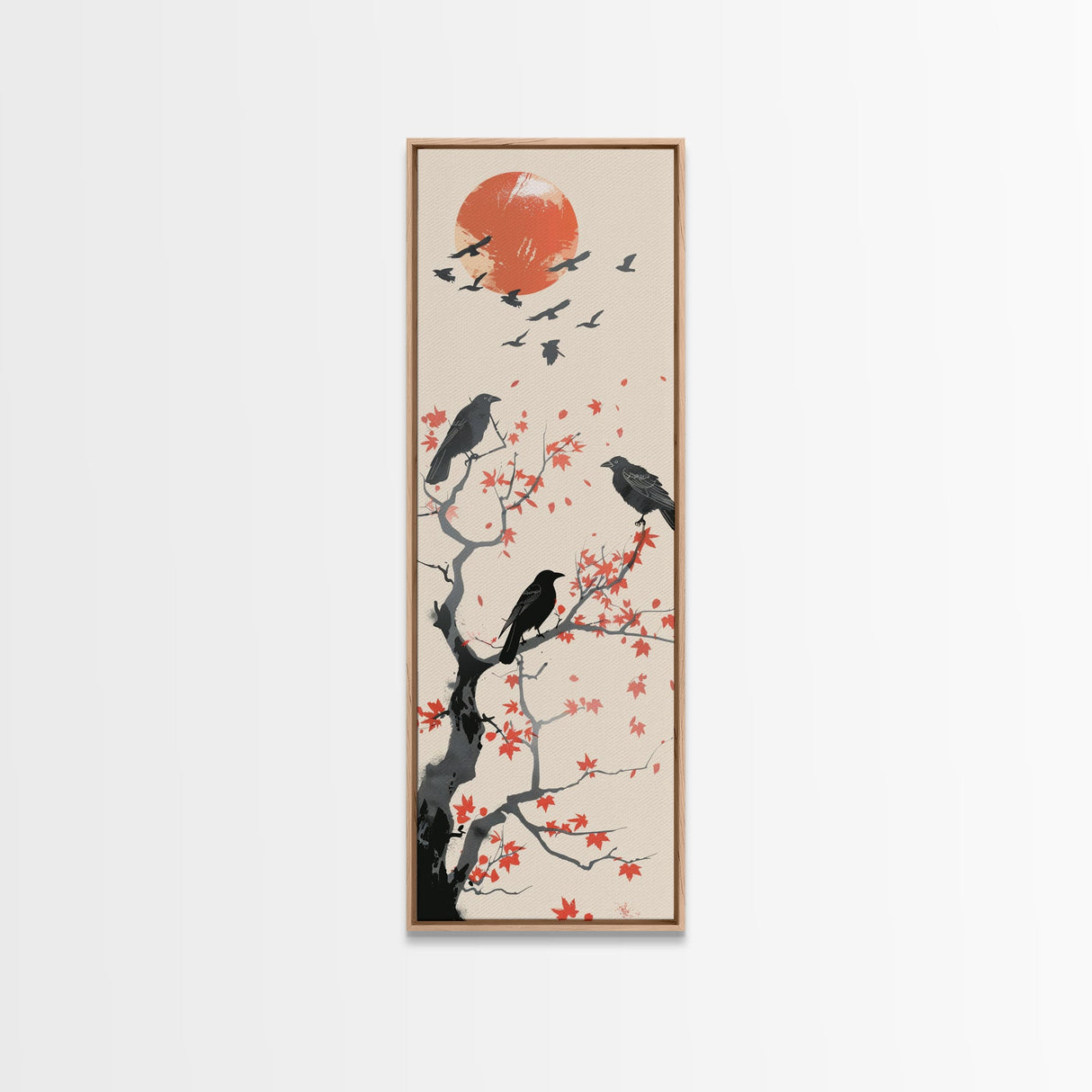 Crows On Bare Tree Branches Against Red Sun Skinny Art Wood Block Print Japanese Style Art Framed Canvas Print Tall Art Ukiyo-e Art