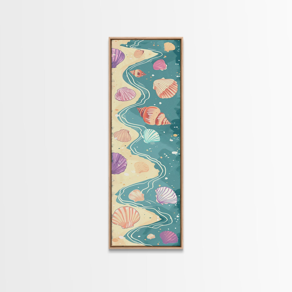 Shells On Shoreline Canvas In Ukiyo-e Style, Japanese Woodblock Print, Framed Canvas Print, Tall Skinny Japanese Wall Art, Ready To Hang