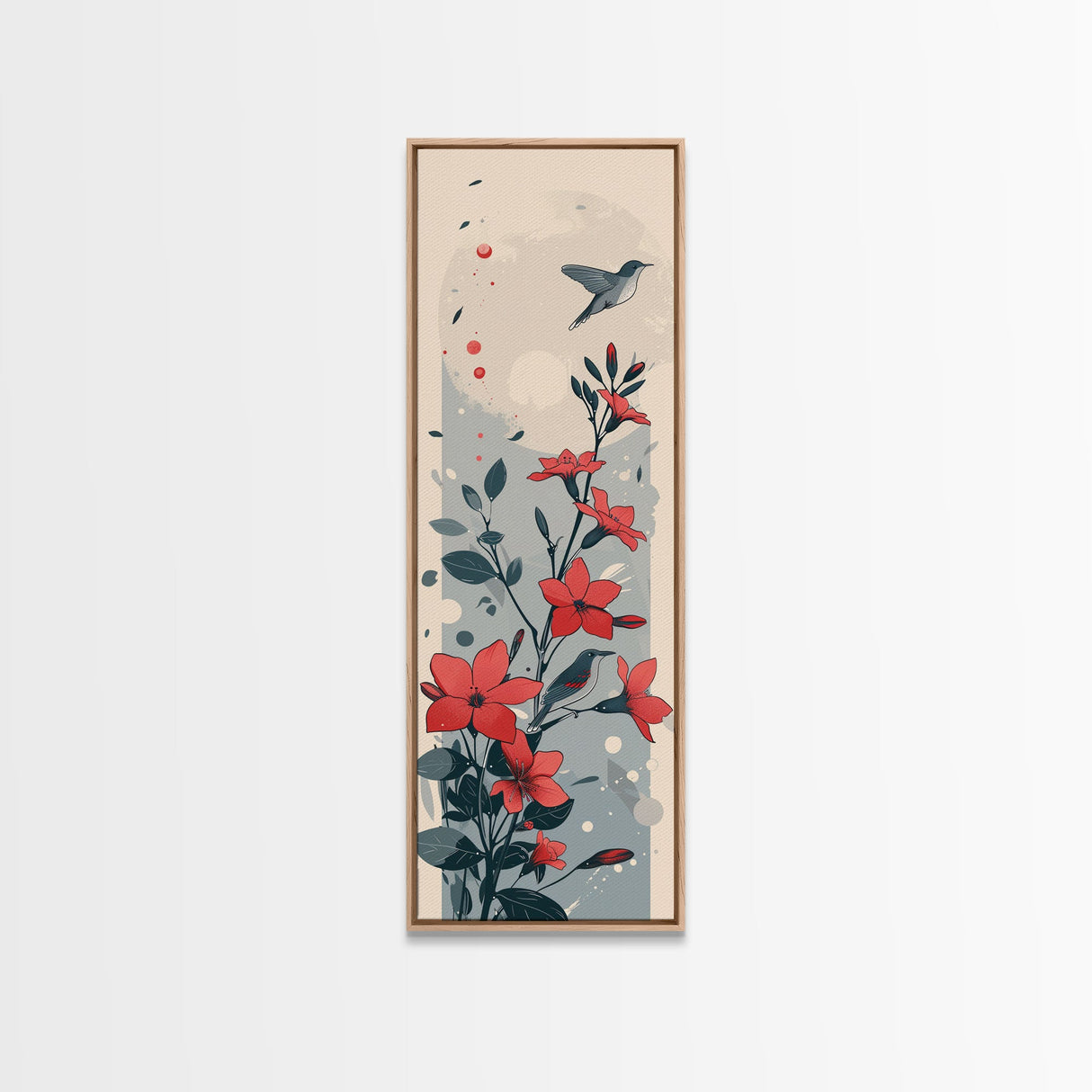 Hummingbird and Red Flowers Skinny Art Tall Art Japanese Ukiyo-e Inspired Nature Framed Canvas Print for Vibrant Interiors
