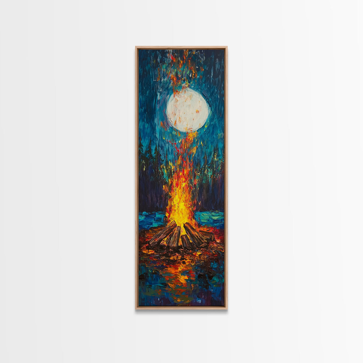 Moonlit Campfire Framed Canvas Print moody art mountain painting above couch art rustic wall art tall narrow art