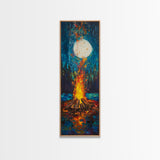 Moonlit Campfire Framed Canvas Print moody art mountain painting above couch art rustic wall art tall narrow art