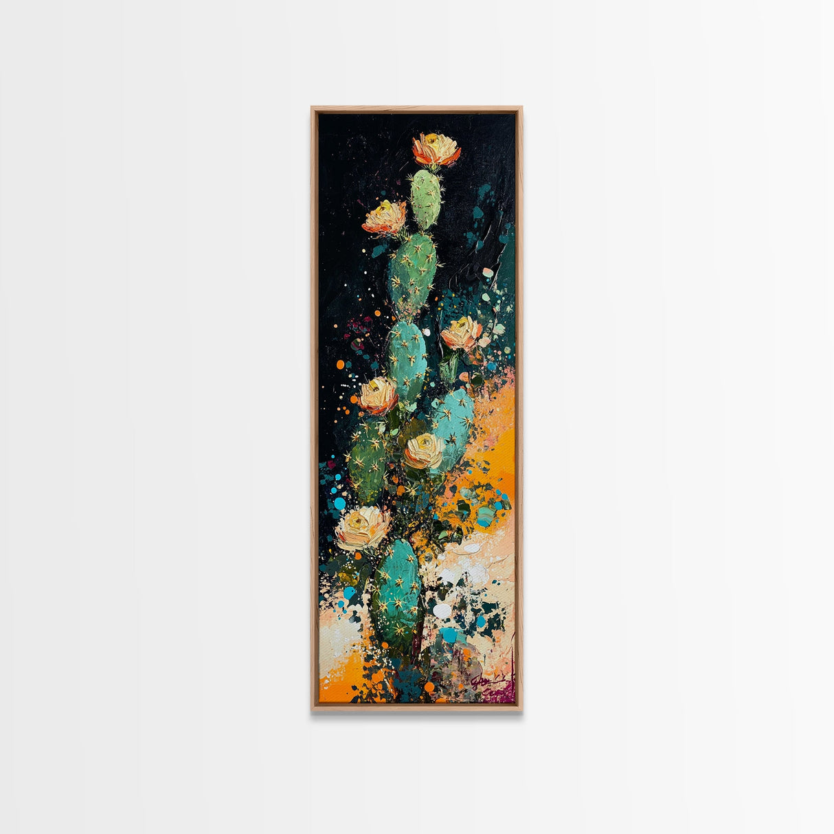Desert Cactus Bloom Framed Canvas Print Southwest Wall Art Tall Narrow Art Rustic Decor Wildflower Painting