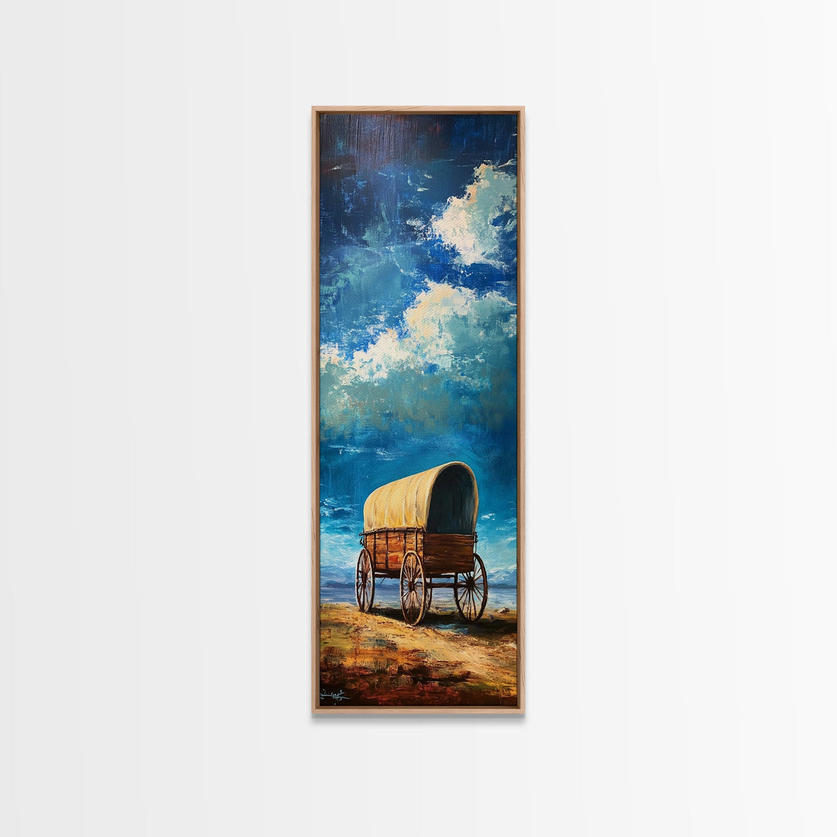 Vintage Covered Wagon Painting Framed Canvas Print, Rustic Wall Art, Farmhouse Art, Moody Art, Landscape Painting, Southwest Wall Art